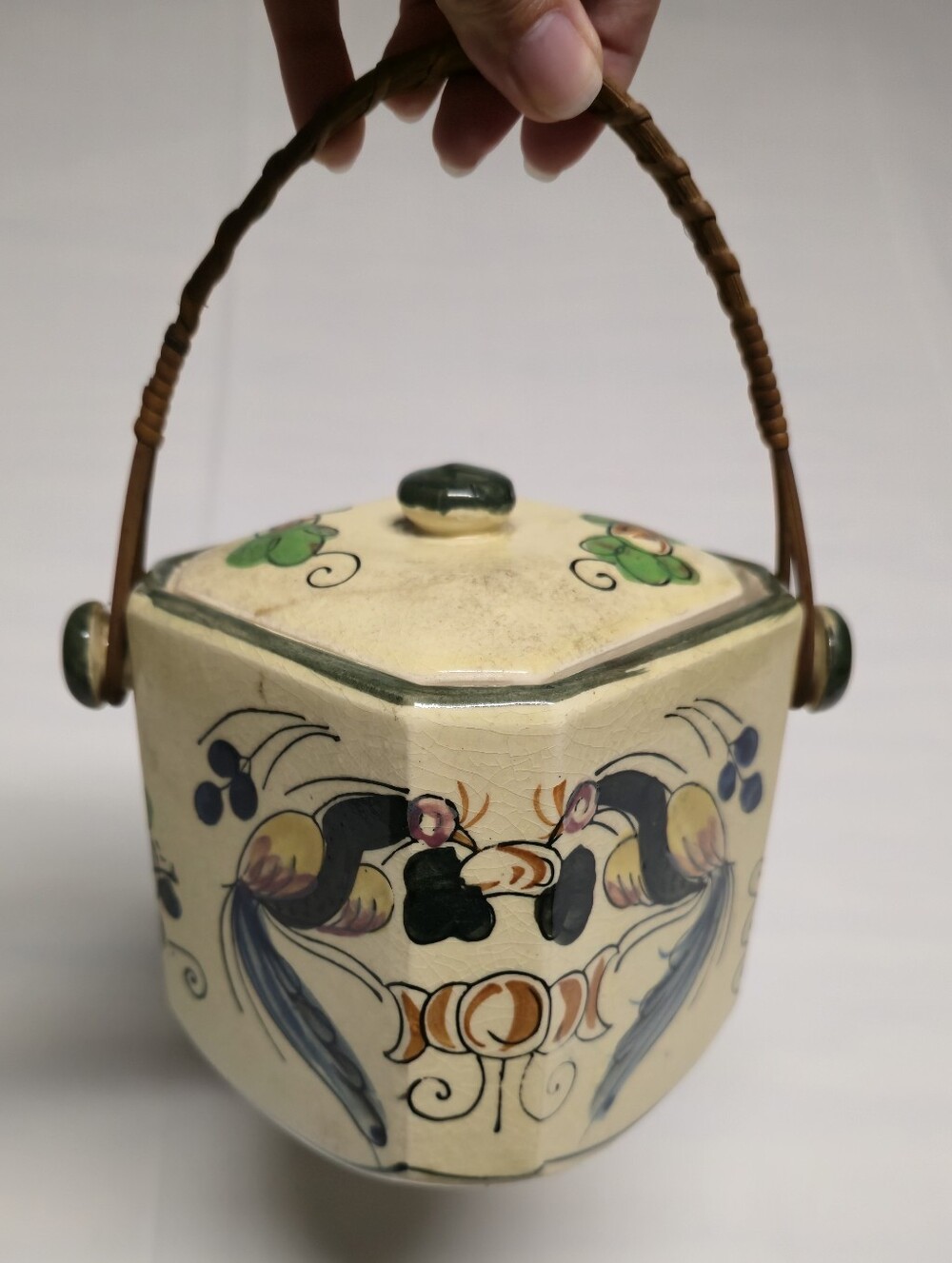 Vintage Japanese Ceramic Hexagonal Tea/Biscuit Canister with Woven Handle